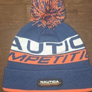 Nautica Competition Blue and Orange Pom-Pom Beanie